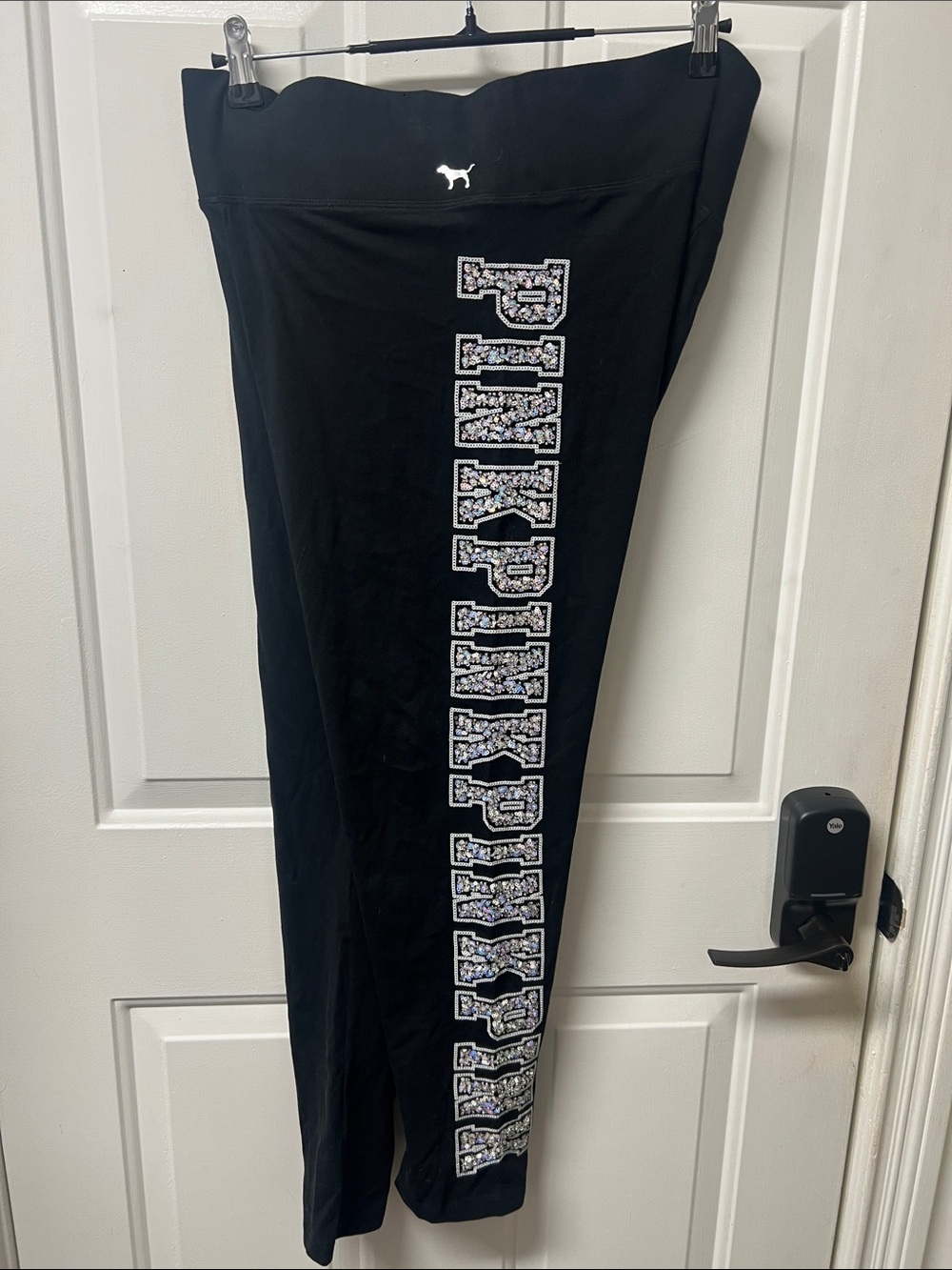 PINK Victoria's Secret Black Logo Leggings with Embellished Vertical PINK
